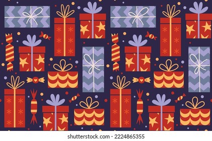 Holiday seamless pattern with different gift boxes, cartoon style. Christmas, birthday background. Trendy modern vector illustration, hand drawn, flat 