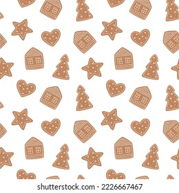 Holiday seamless pattern with different gingerbreads. Christmas traditional dessert. Vector illustration. Festive design for scrapbooking, wrapping paper, fabric, textile.