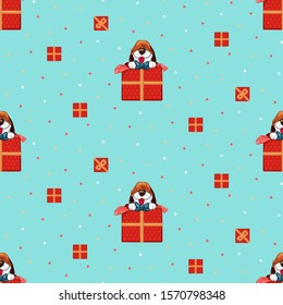 Holiday seamless pattern with dog in gift box on mint color background