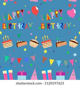 Holiday seamless pattern with Holiday elements on   blue background : gifts, balloons. garlands, cake, candy cake   and inscription with a happy birthday
