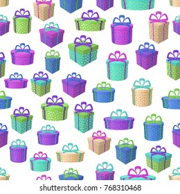 Holiday Seamless Pattern, Festive Colorful Gift Boxes Isolated on Tile White Background. Vector