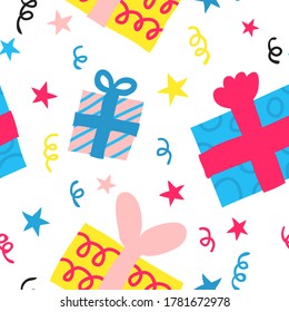 Patrón ininterrumpido de vacaciones. Regalos festivos aislados en blanco. Pisos coloridos con arcos. Caja de regalo en papel envolvente. Diseño divertido multicolor para papel textil, digital. Ilustración vectorial de material de moda