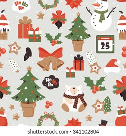 Holiday seamless pattern with fir tree,  gingerbread, cones, berries, speech clouds and other objects. Vector pattern for your Christmas and New Year cards design.