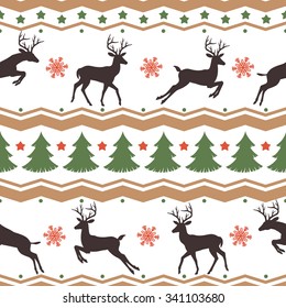 Holiday seamless pattern with fir tree, stars, deers, dots, lines and snowflakes. Vector pattern for your Christmas and New Year cards design.