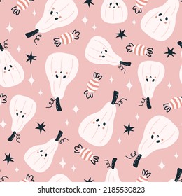 Patrón perfecto de vacaciones con calabazas de personajes divertidos. Ilustración vectorial de Halloween. Textura infantil creativa al estilo escandinavo. Excelente para tela, textil.
