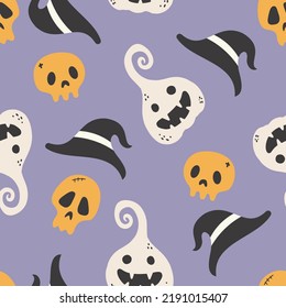Holiday seamless pattern with funny characters pumpkins and skull. Halloween vector illustration. Creative childish texture in scandinavian style. Great for fabric, textile.