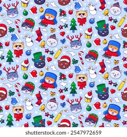 Holiday seamless pattern with funny cheerful cat faces in carnival and festive headdresses with Christmas and New Year decoration elements. Ornate for printing, wrapping and packaging. Vector