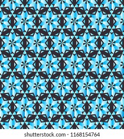 Holiday seamless pattern. Geometric snowflakes, flowers, stars ornament. Decorative vector background. 
