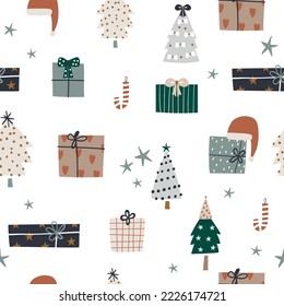 Holiday seamless pattern with gift boxes, Christmas tree, candy, Santa hat. Trendy winter vector background. Perfect for wrapping paper, fabric, textile