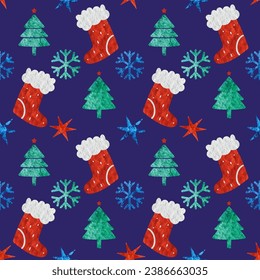 Holiday seamless pattern with gift sock, stars, pine tree and snowflakes. Christmas background.