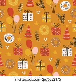 Nahtloses Weihnachtsmuster mit Geschenken, Ballons, Donuts, Sternen, Tannenzweigen auf gelbem Hintergrund. Perfekt für Tapeten, Geschenkpapier, Geburtstagsgrußkarten. Handgezeichnete Vektorgrafik
