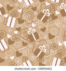 Holiday seamless pattern with a gifts and flowers