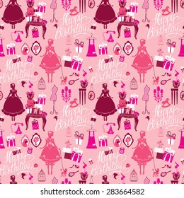 Holiday Seamless pattern for girls. Princess Room - glamour accessories, gift boxes, pictures. Princess - silhouettes on pink background. Handwritten calligraphic text Happy Birthday. 