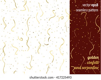 Holiday seamless pattern. Golden confetti and gold serpentine. Vector flat background for party invitation, greeting card, celebration decoration.