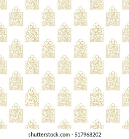Holiday seamless pattern with golden hand lettering Merry Christmas on white background. Vector illustration for your design