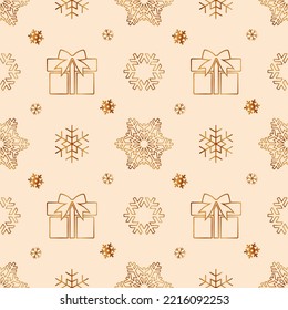 Patrón ininterrumpido de vacaciones con copos de nieve dorados y regalos sobre fondo negro para Navidad y Año Nuevo. Textura repetitiva sin fin para imprimir en envases, envolturas, textiles, tela o papel de regalo.