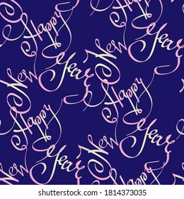 Holiday seamless pattern with gradient lettering calligraphy phrase Happy New Year on trendy color phantom blue background. Can be used for Christmas design, gift package, wrapping paper, textile.