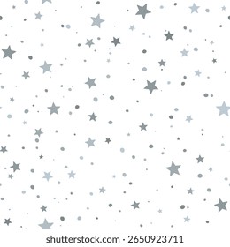 Holiday seamless pattern with gray stars and snowfall dots. Repetition scattered snow flakes vector background. Use for Christmas packaging, party supplies, greeting card, festive fabric print
