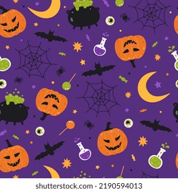 Holiday seamless pattern with Halloween elements: pumpkin, potion, witch's cauldron, bat, candy, spider, web. Purple background. Vector illustration