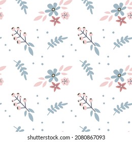 Patrón inmaculado con flor pastel dibujada a mano, hoja, barbero aislado en fondo blanco. Ilustración plana vectorial. Diseño para textil, envoltura, papel tapiz, papel digital
