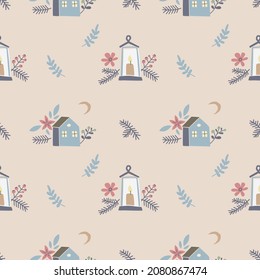 Holiday seamless pattern with hand drawn house, lantern, candle, flower, leaf, branch isolated on beige background. Vector flat illustration. Design for textile, wrapping, wallpaper, digital paper