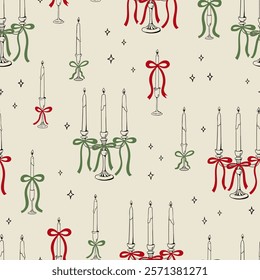 Holiday seamless pattern with hand drawn elegant candelabra and candles. Vintage vector background for christmas, wedding, birthday, etc.