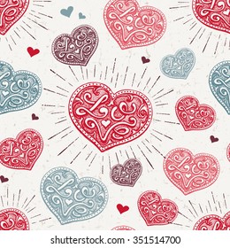 Holiday Seamless Pattern with Hand Drawn Hearts with "Love" Lettering. Vector Illustration for Your Design.