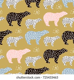 Holiday seamless pattern with hand drawn polar bears. Trendy scandinavian vector background. Perfect for wrapping paper, fabric, textile