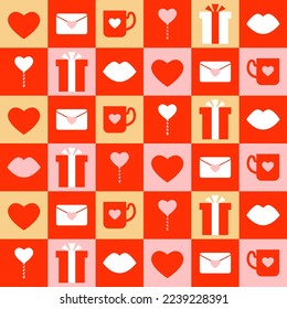Holiday Seamless Pattern with Heart, Envelope, Cup, Candy, Gift Box and Kiss. Valentines Day background for decor, postcard design, wrapping paper, holiday box.