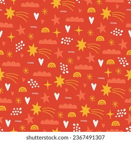 Holiday seamless pattern with hearts, stars, comets, dots, rainbows on red background. Perfect for wallpaper, gift paper, seasonal greeting cards. Vector illustration