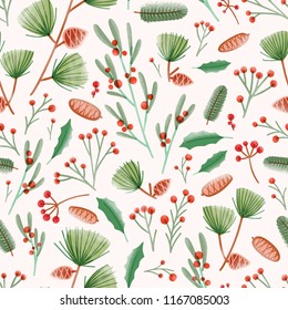 Holiday seamless pattern with holly leaves, mistletoe, pine cones, needles and branches on white background. Seasonal festive vector illustration in flat style for wrapping paper, textile print.