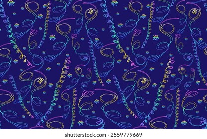 Holiday seamless pattern with iridescent of serpentine ribbons on blue. Greeting card, gift packaging., wrapping paper. Naive scrabble style collection for happy new year. 