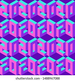 Holiday seamless pattern with isometric numbers 2020. Happy new year. Winter background in pink and violet colors. Template  packaging, printing on fabric, greeting card, brochure, poster, banner.