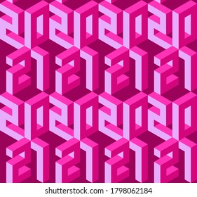 Patrón ininterrumpido de vacaciones con números isométricos 2021. Feliz año nuevo. Fondo invernal en tonos rosa y rosa oscuro. Empaquetado de plantillas, impresión en tela, tarjeta de felicitación, folleto, cartel, pancarta.