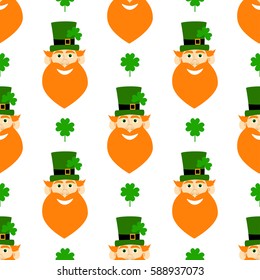 Holiday seamless pattern with leprechaun, hat and clover. Happy St. Patrick's Day. Funny background. 