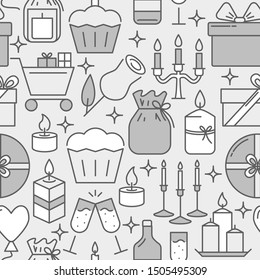 Holiday seamless pattern in line style. Repeating background with candles and presents. Vector illustration.