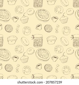 Holiday seamless pattern  with macaroon, coffee and cupcakes