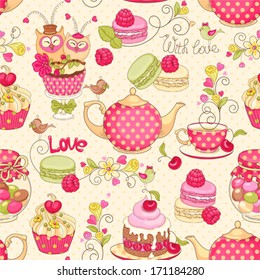 Holiday seamless pattern with macaroon, cupcakes, berries, tea, flower, and birds.