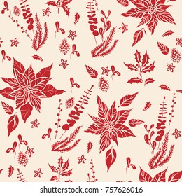 Holiday seamless pattern. Nature elements leaves, holly, poinsettia for wrapping paper design