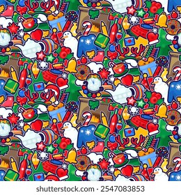 Holiday seamless pattern with New Year stickers and cards piled up in bright, cheerful heap. Ornate for printing on fabric, wrapping and packaging. Vector isolated on turquoise