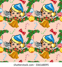 Holiday seamless pattern with New Year decorations and angels