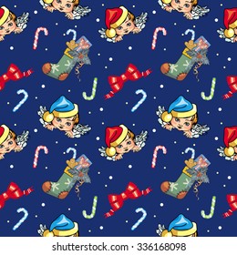 Holiday seamless pattern with New Year decorations and angels