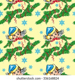 Holiday seamless pattern with New Year decorations and angels
