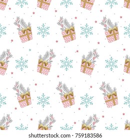 Holiday seamless pattern on light background. Christmas elements. Vector illustration.