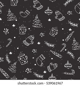 Holiday seamless pattern with ornaments and decorations. Vector illustration with sketched elements.