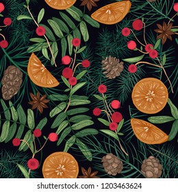 Holiday seamless pattern with pine and spruce tree branches, needles and cones, rowan berries and cranberries, oranges, star anise on black background. Festive vector illustration for fabric print.