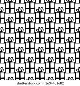 Holiday seamless pattern with present on white background. Vector illustration for Birthday, Merry Christmas, New year. Template design for invitation, poster, card, fabric, textile. Doodle style.