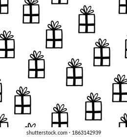 Holiday seamless pattern with present on white background. Vector illustration for Birthday, Merry Christmas, New year. Template design for invitation, poster, card, fabric, textile. Doodle style.