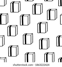 Holiday seamless pattern with present on white background. Vector illustration for Birthday, Merry Christmas, New year. Template design for invitation, poster, card, fabric, textile. Doodle style.