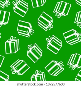 Holiday seamless pattern with present on color background. Vector illustration for Birthday, Merry Christmas, New year. Template design for invitation, poster, card, fabric, textile. Doodle style.